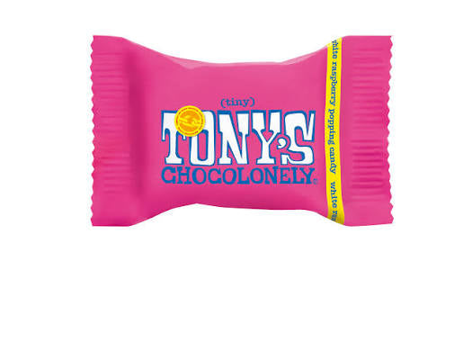 Tony’s Chocolonely tiny witte chocolade framboos mini chocoladereep