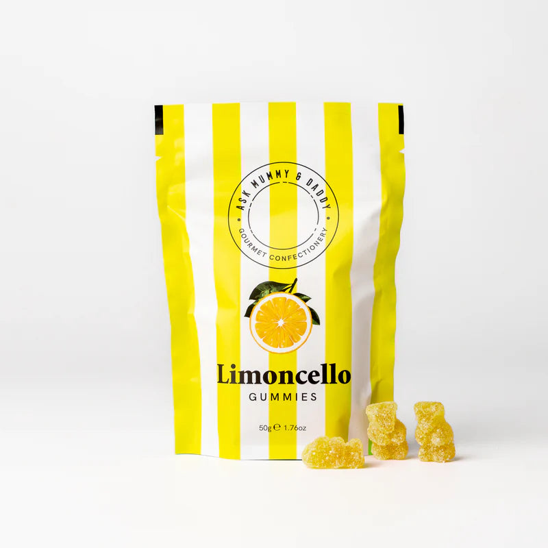 Limoncello gummies in geel wit zakje met citroen snoepjes