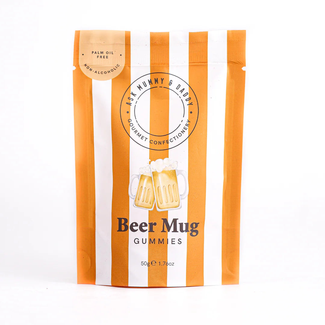 Beer mug gummies snoep in bierpul vorm in oranje witte verpakking