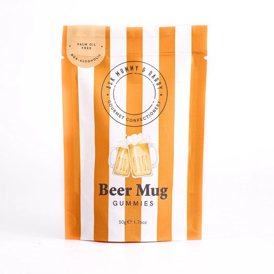 Beer mug gummies snoep in bierpul vorm in oranje witte verpakking