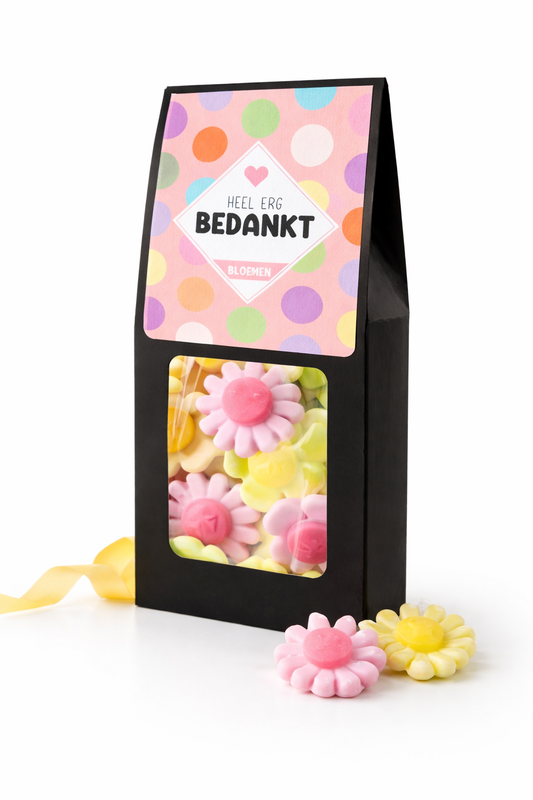 bedankt snoep bloemen cadeau vrolijke snoepjes verpakking