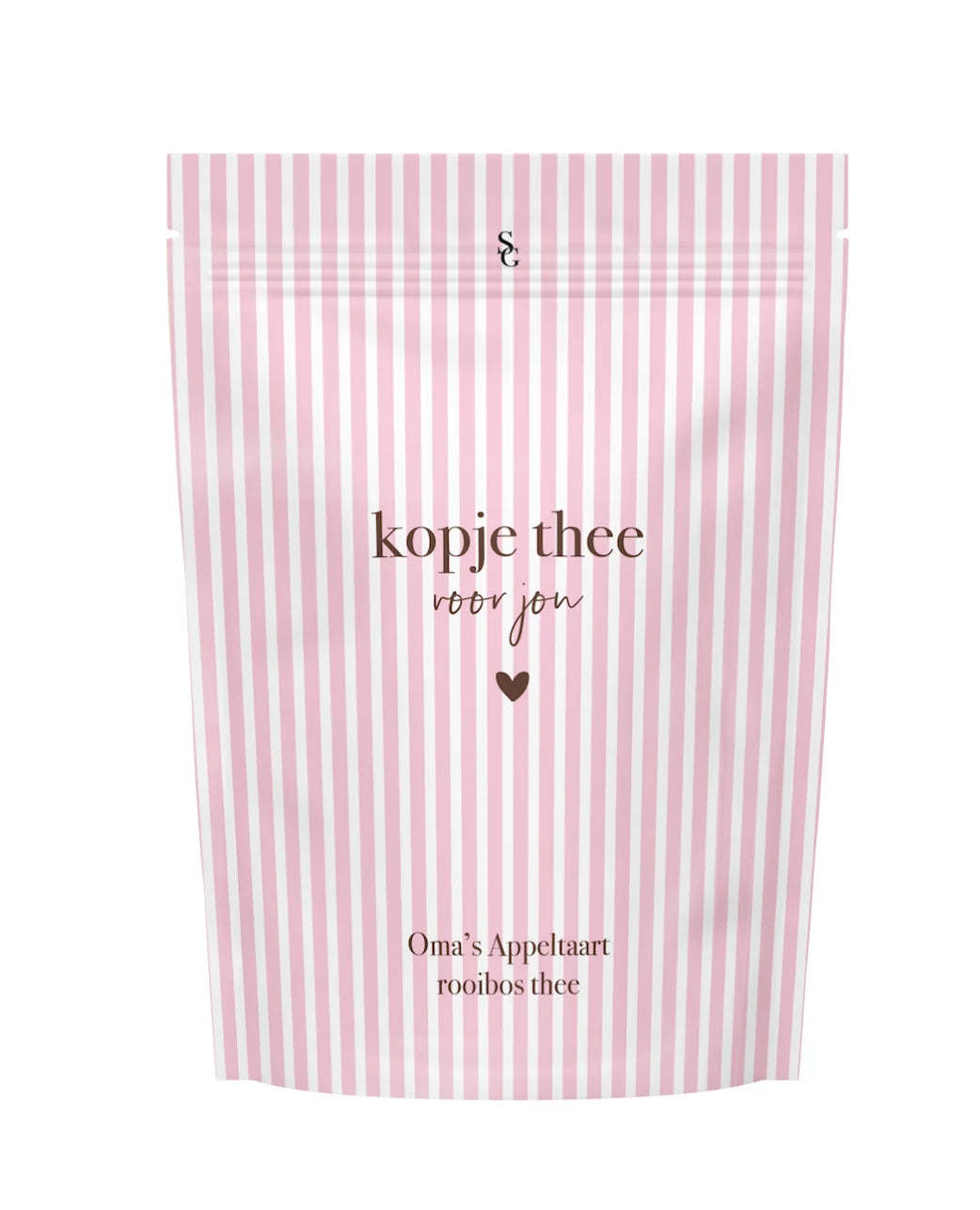 Kopje Thee voor Jou met Oma’s Appeltaart rooibosthee in roze gestreepte cadeauverpakking