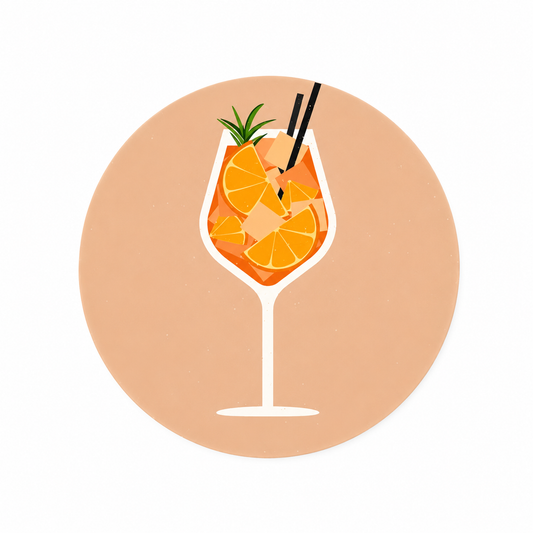 Aperol Spritz onderzetter met stijlvolle cocktailillustratie en sinaasappel op een forex onderzetter.