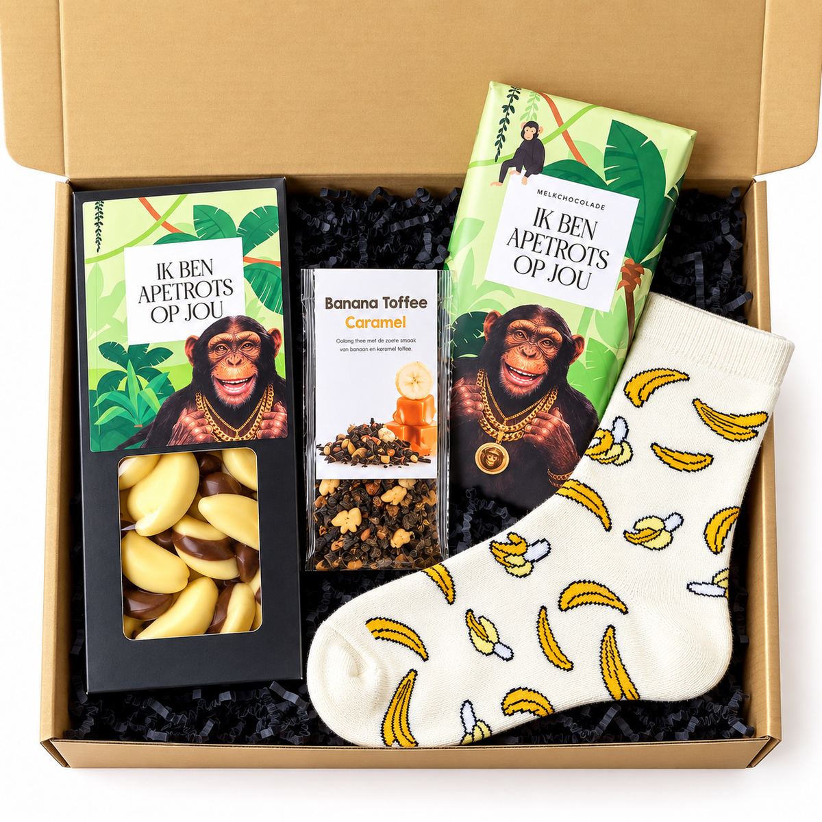 Apetrots op jou cadeaubox met chocolade, Banana Toffee Caramel thee en bananensokken