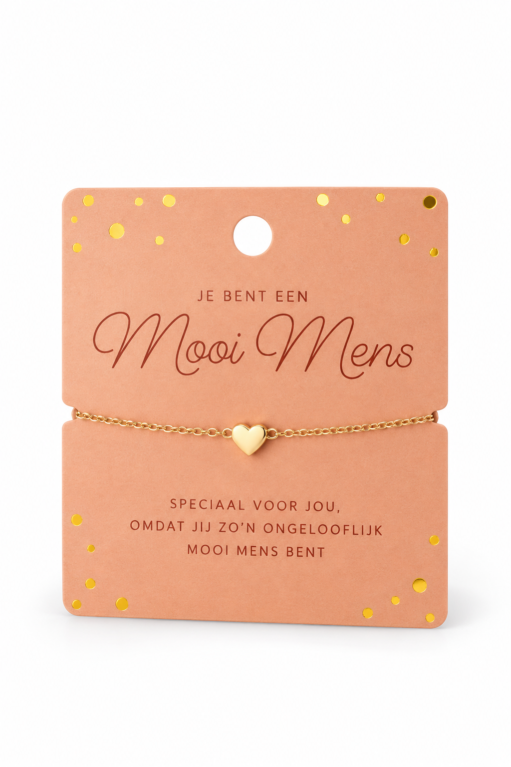 Goudkleurig armbandje met hartvormige bedel op een perzikkleurige cadeaukaart met de tekst Je bent een Mooi Mens.