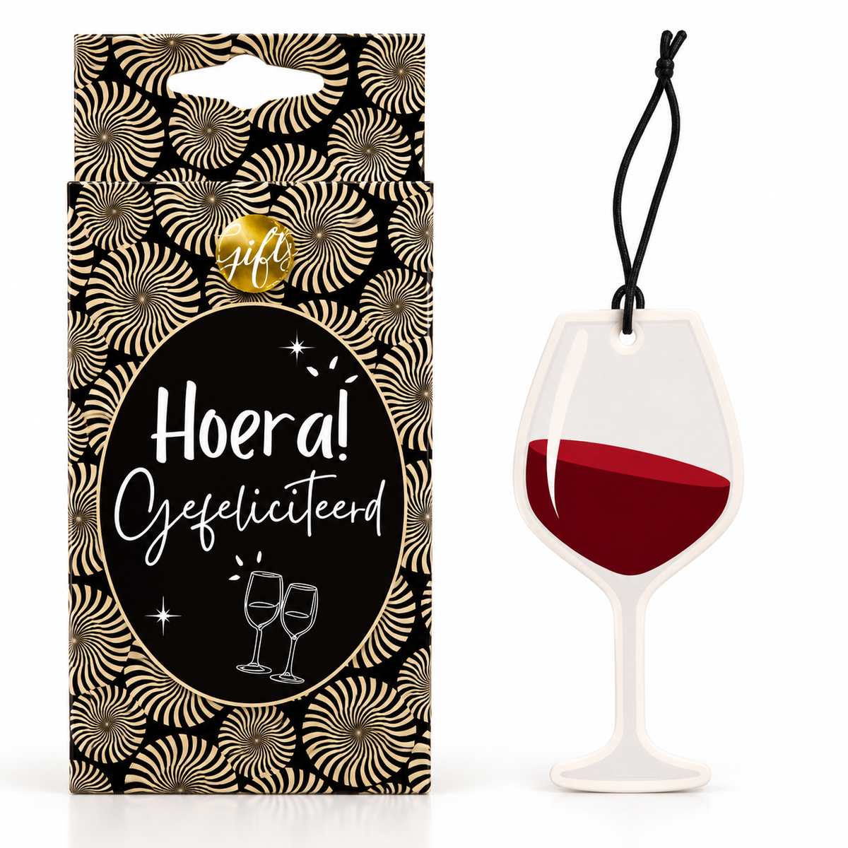 Luxe auto geurhanger met wijnglas en tekst Hoera Gefeliciteerd, leuk cadeau voor een wijnliefhebber