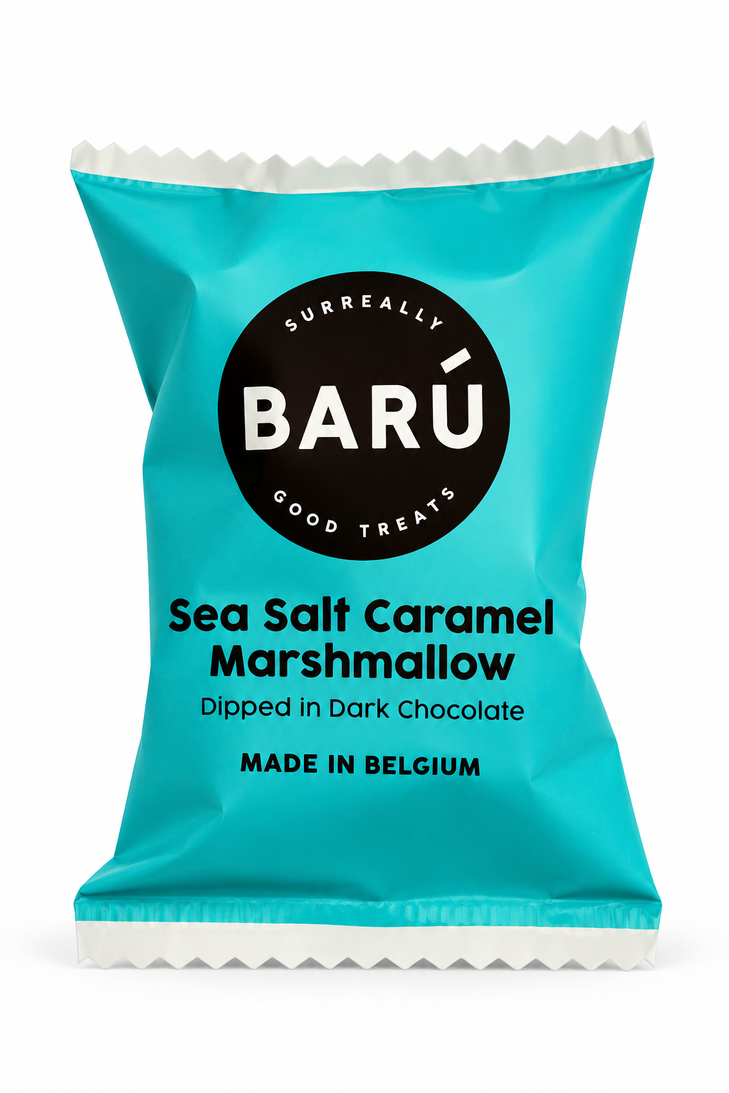 BARÚ Sea Salt Caramel Marshmallow met zeezoutkaramel en pure chocolade in een turquoise verpakking op een witte achtergrond.