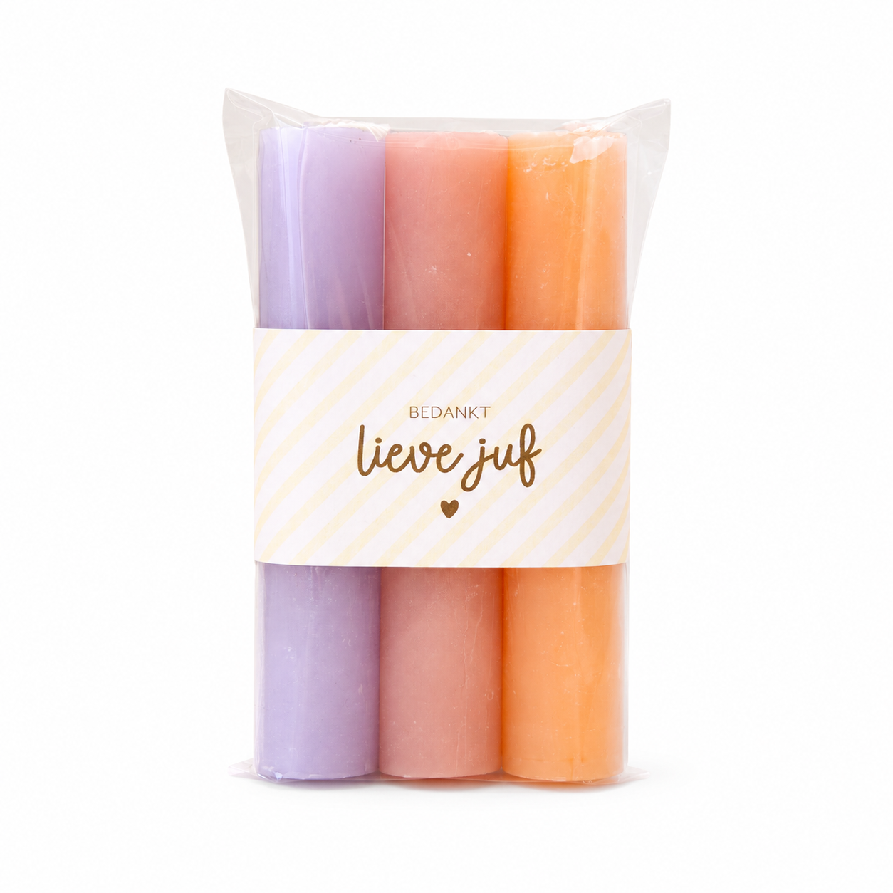 Kaarsenset met drie pastelkaarsen en de tekst Bedankt lieve juf als origineel cadeau voor de juf