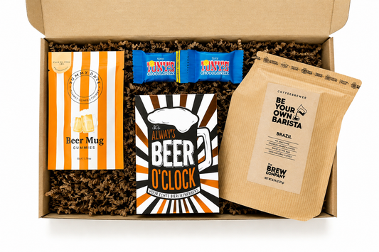 Beer O’Clock cadeaubox met Beer Mug Gummies, chocolade en Coffeebrewer koffie
