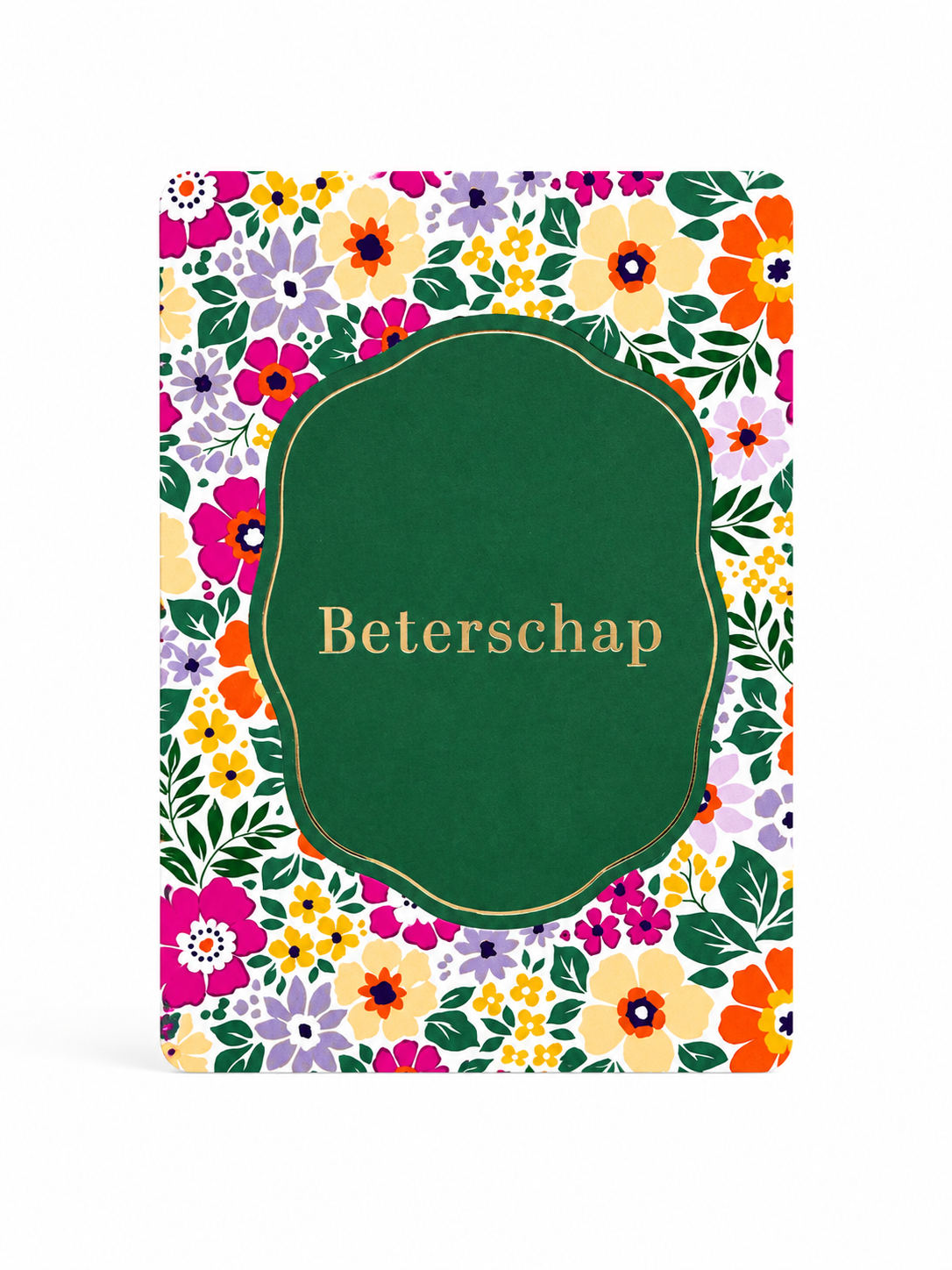 Kleurrijk beterschapskaartje met bloemen, groene achtergrond en gouden tekst
