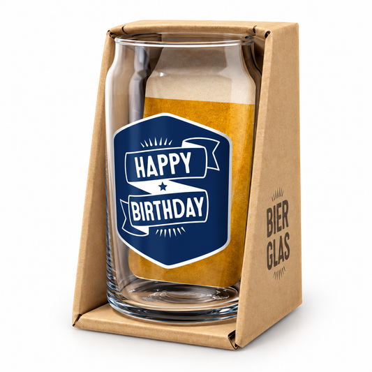 Happy Birthday bierglas in een kraftkleurige geschenkverpakking – origineel verjaardagscadeau voor hem van The Prezzent.