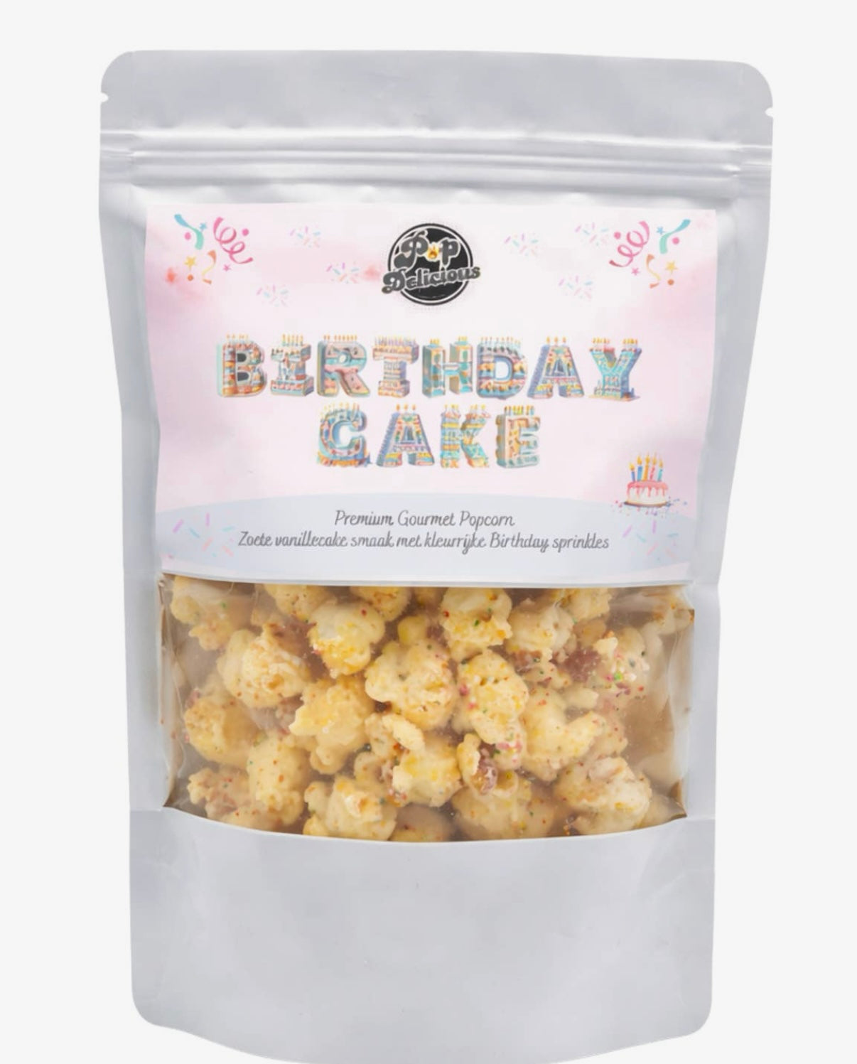 Birthday Cake Popcorn met zoete vanillecakesmaak en kleurrijke birthday sprinkles