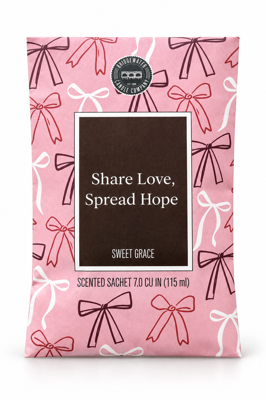 Roze Bridgewater Sweet Grace Pink Ribbon geurzakje met strikjes en de tekst Share Love, Spread Hope.