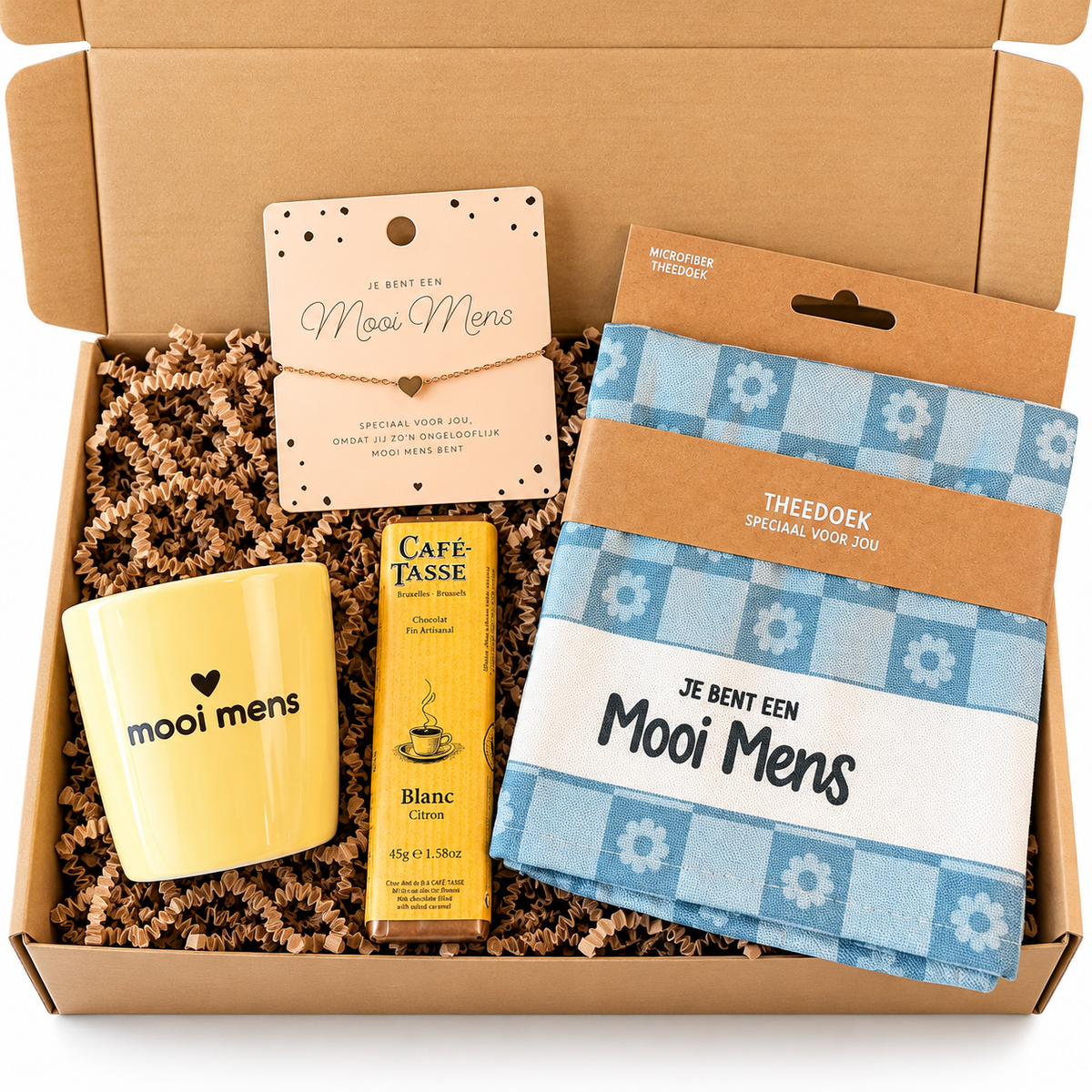 Cadeaubox Mooi Mens met mok, armband, theedoek en chocolade