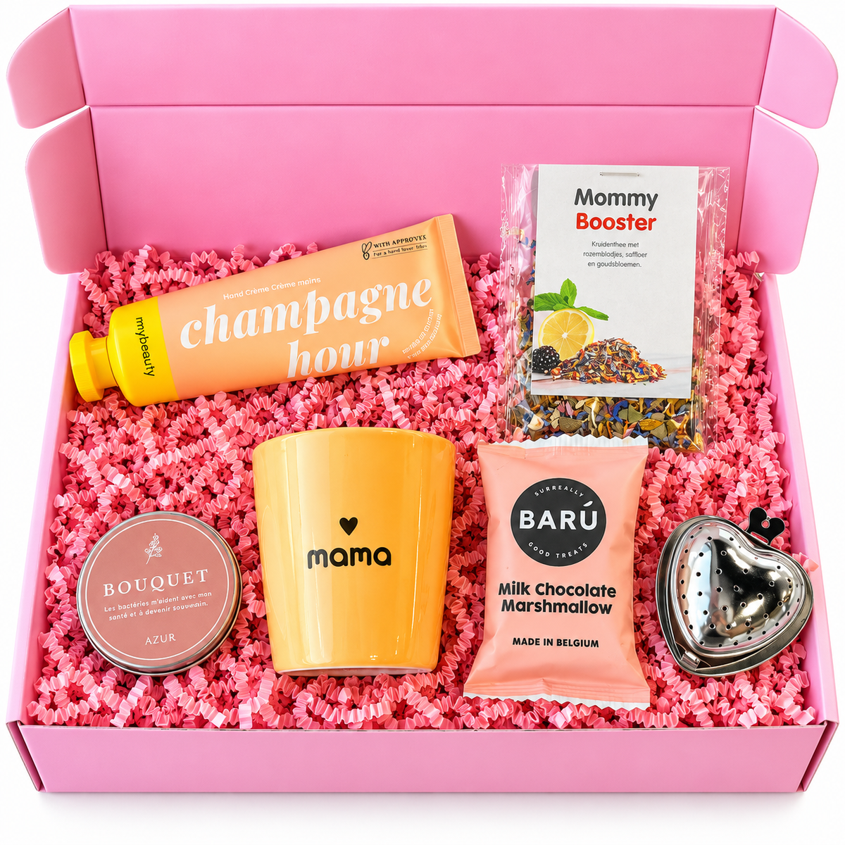 Cadeaubox voor mama met Mommy Booster thee, mama mok, handcrème, chocolade en geurkaars