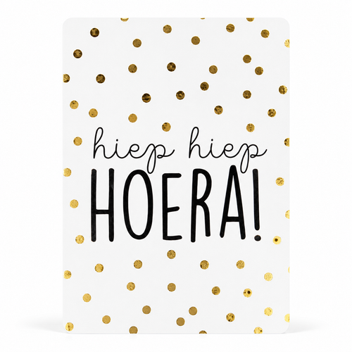 Feestelijke witte cadeaukaart met gouden stippen en de tekst Hiep Hiep Hoera