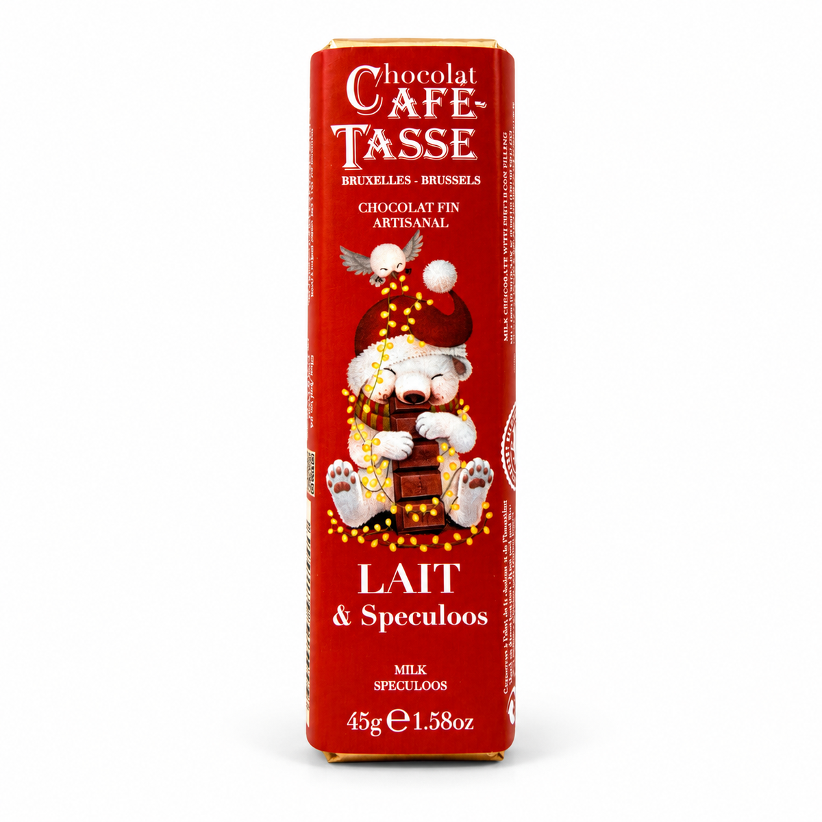 Rode Café-Tasse chocoladereep met melkchocolade en speculoos, 45 gram, met een feestelijke illustratie van een ijsbeer.