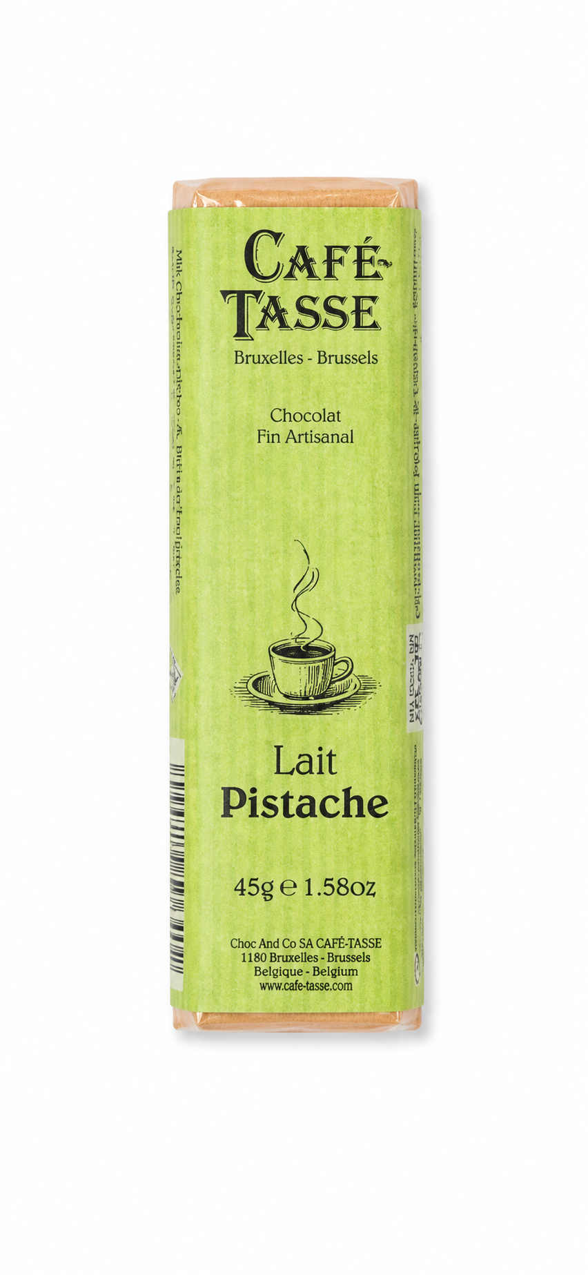 Café-Tasse melkchocolade met pistache in groene verpakking op witte achtergrond