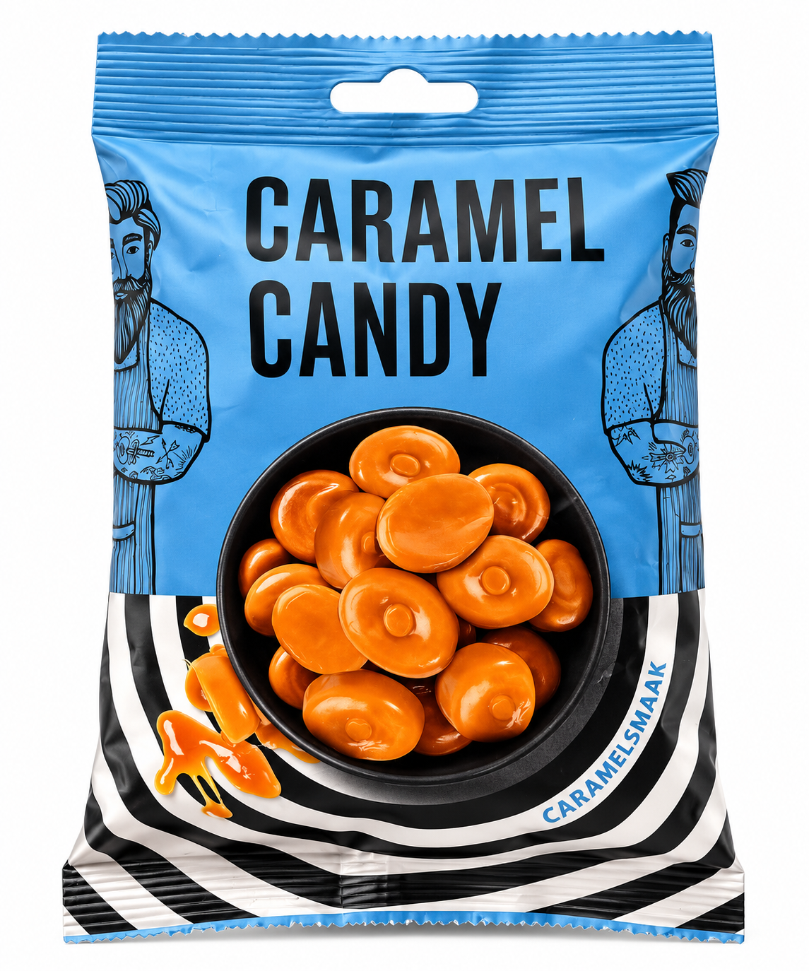 Caramel Candy met heerlijke karamelsnoepjes in een blauwe verpakking op een witte achtergrond