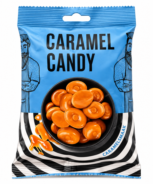 Caramel Candy met heerlijke karamelsnoepjes in een blauwe verpakking op een witte achtergrond