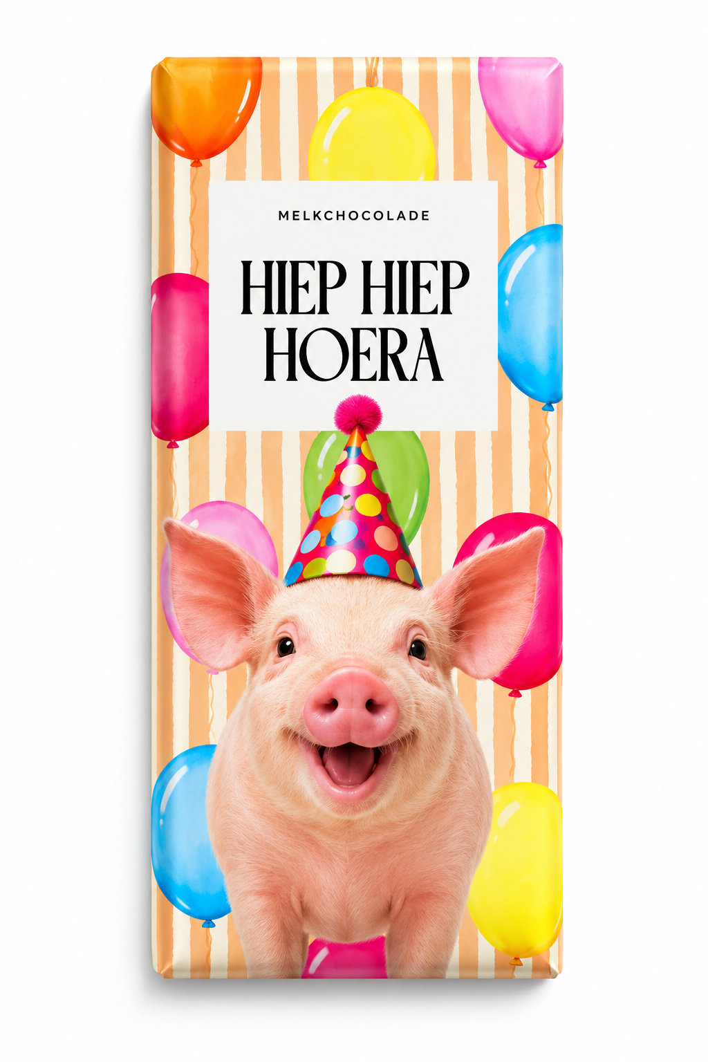 Chocoladereep Hiep Hiep Hoera met vrolijk varken en ballonnen – 100 gram melkchocolade