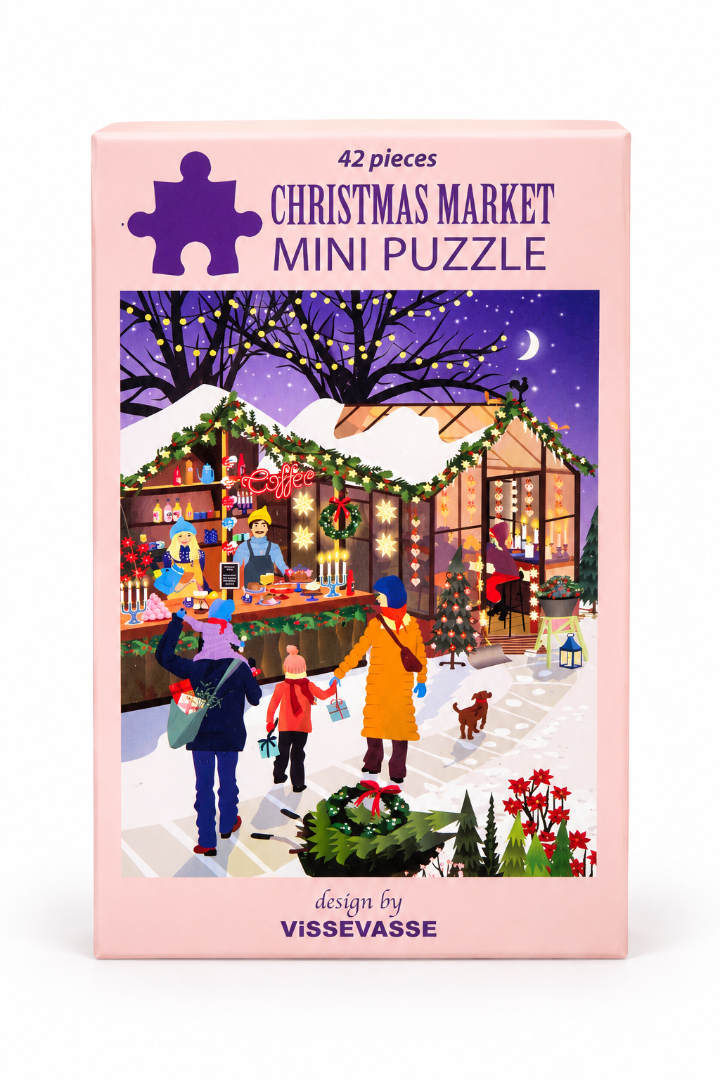 Roze doos van de Christmas Market mini puzzel van ViSSEVASSE met 42 stukjes en een kleurrijke illustratie van een sfeervolle winterse kerstmarkt.