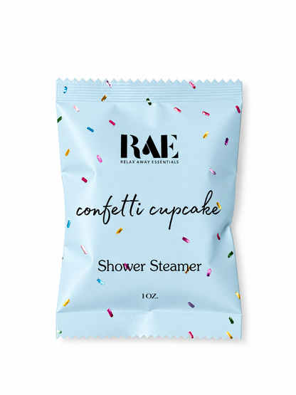 Confetti Cupcake Shower Steamer in pastelblauwe verpakking met kleurrijke confetti