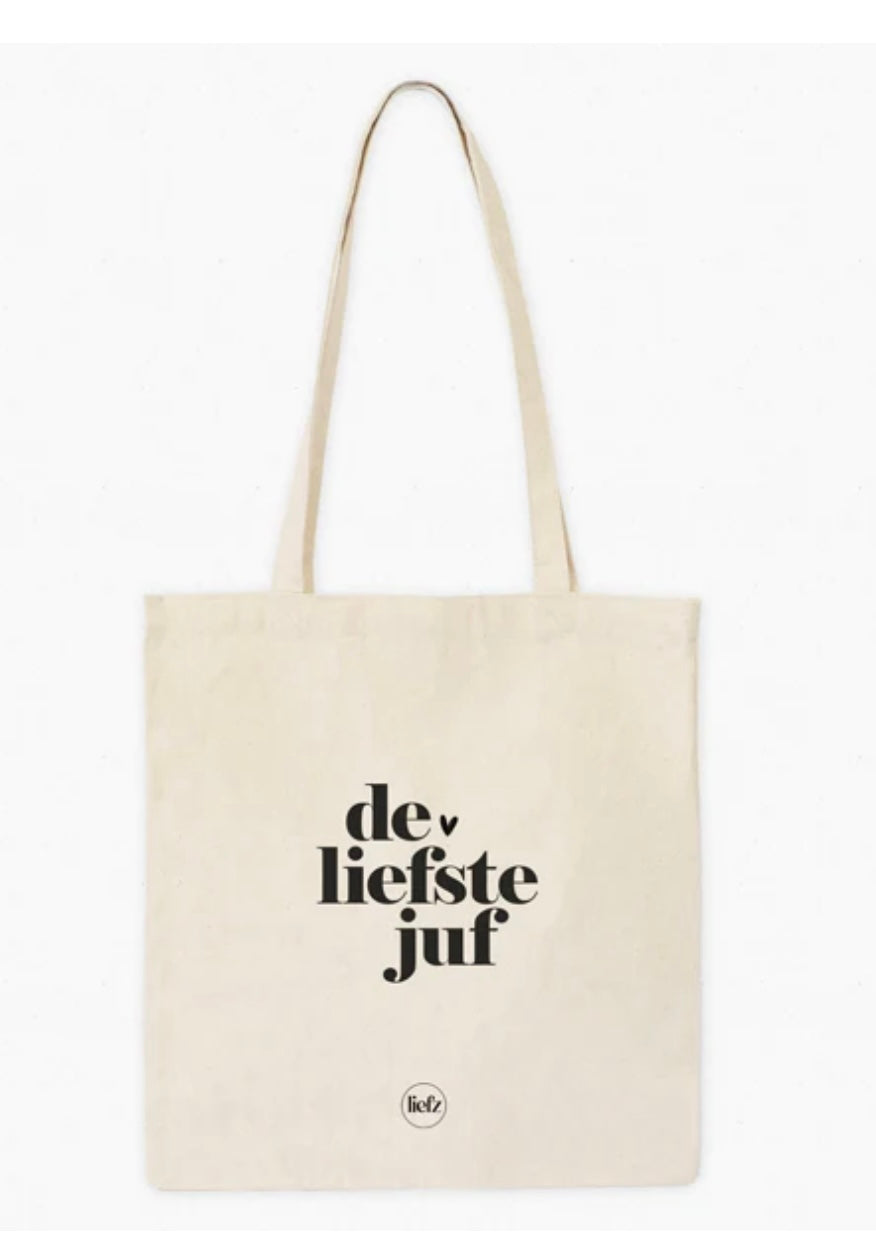 De liefste juf katoenen tas naturel met zwarte opdruk cadeau juf