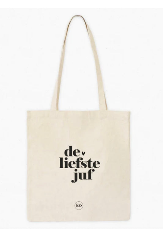 De liefste juf katoenen tas naturel met zwarte opdruk cadeau juf