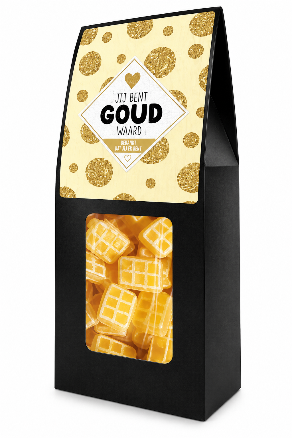 Doosje Jij Bent Goud Waard met 150 gram roomboterwafeltjes – luxe bedankcadeau