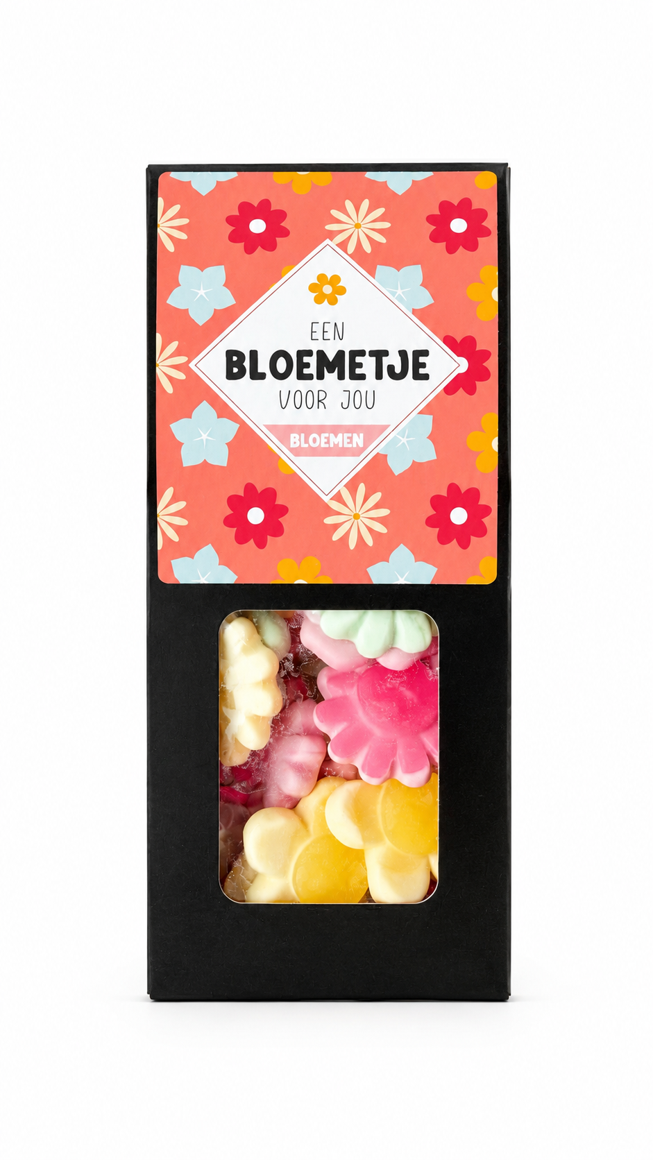 Een Bloemetje Voor Jou bloemen snoep cadeau in luxe zwarte verpakking met bloemvormige snoepjes.