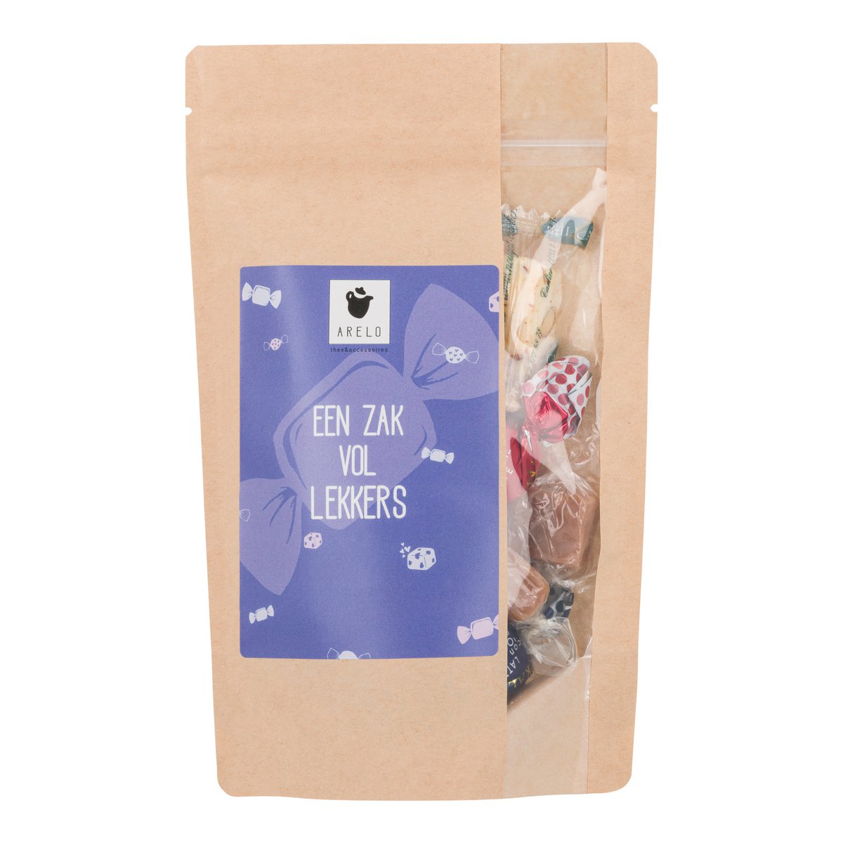 Kraft cadeauzak met transparant venster gevuld met lekkernijen en label “Een Zak Vol Lekkers