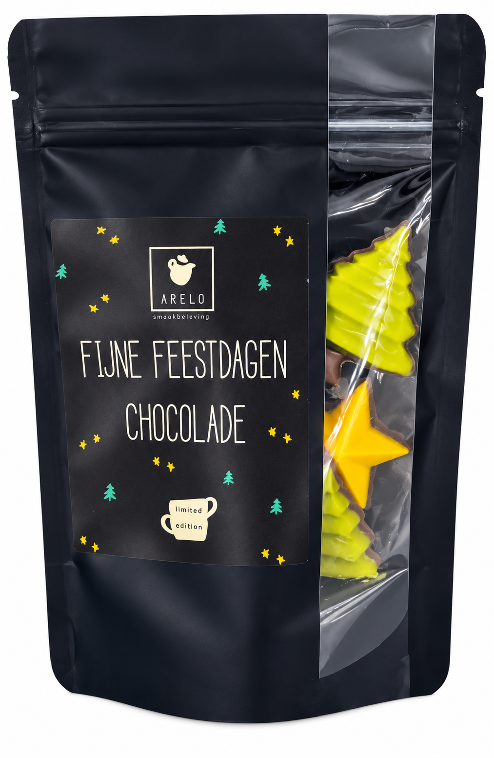 Fijne Feestdagen Chocolade limited edition in luxe zwarte verpakking met feestelijke kerstvormige chocolade