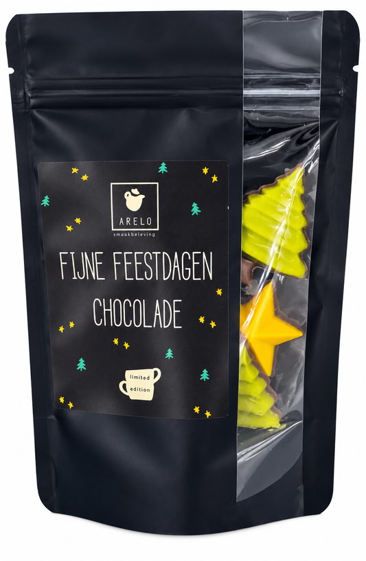 Fijne Feestdagen Chocolade limited edition in luxe zwarte verpakking met feestelijke kerstvormige chocolade