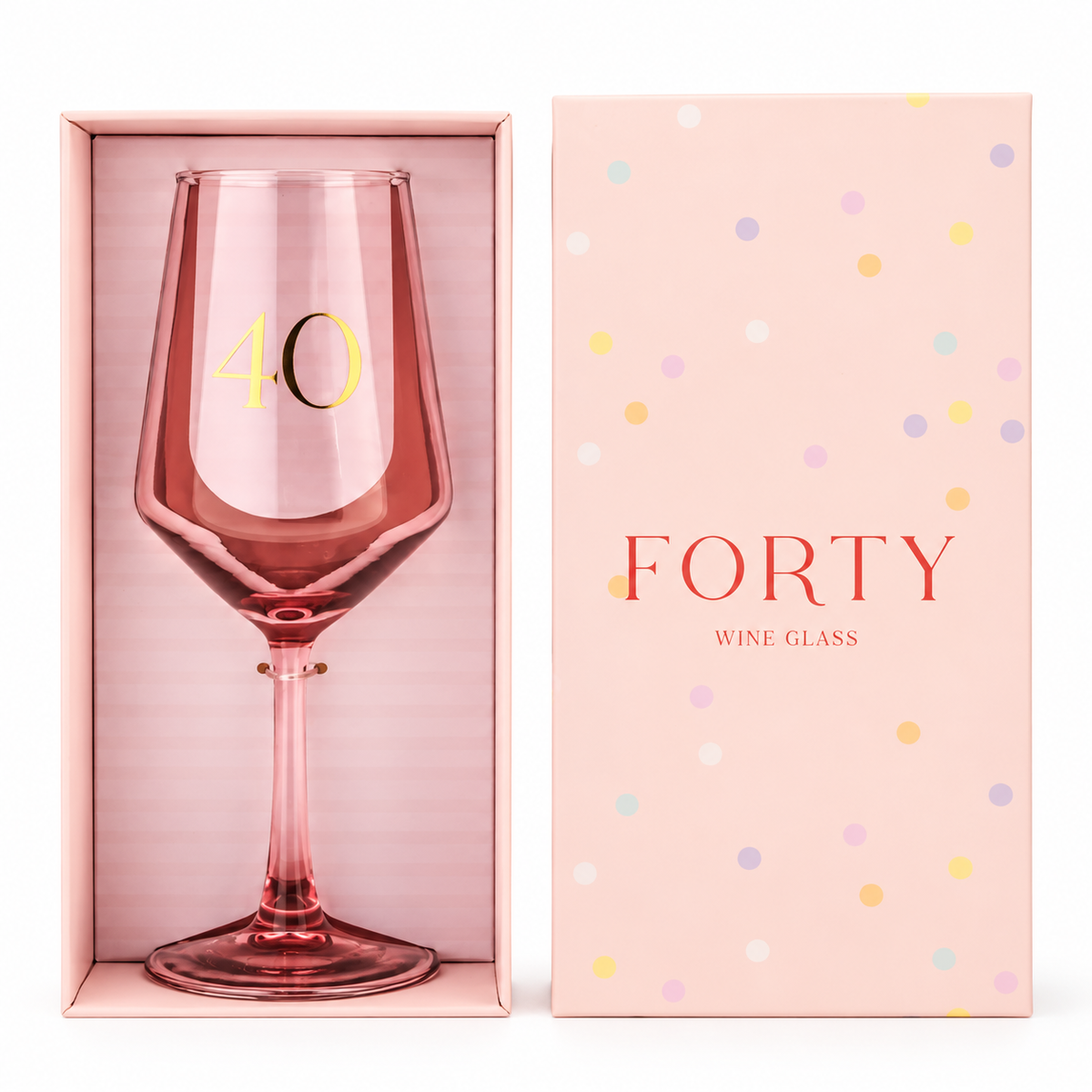 Roze Forty wijnglas met gouden getal 40 in een bijpassende cadeauverpakking.