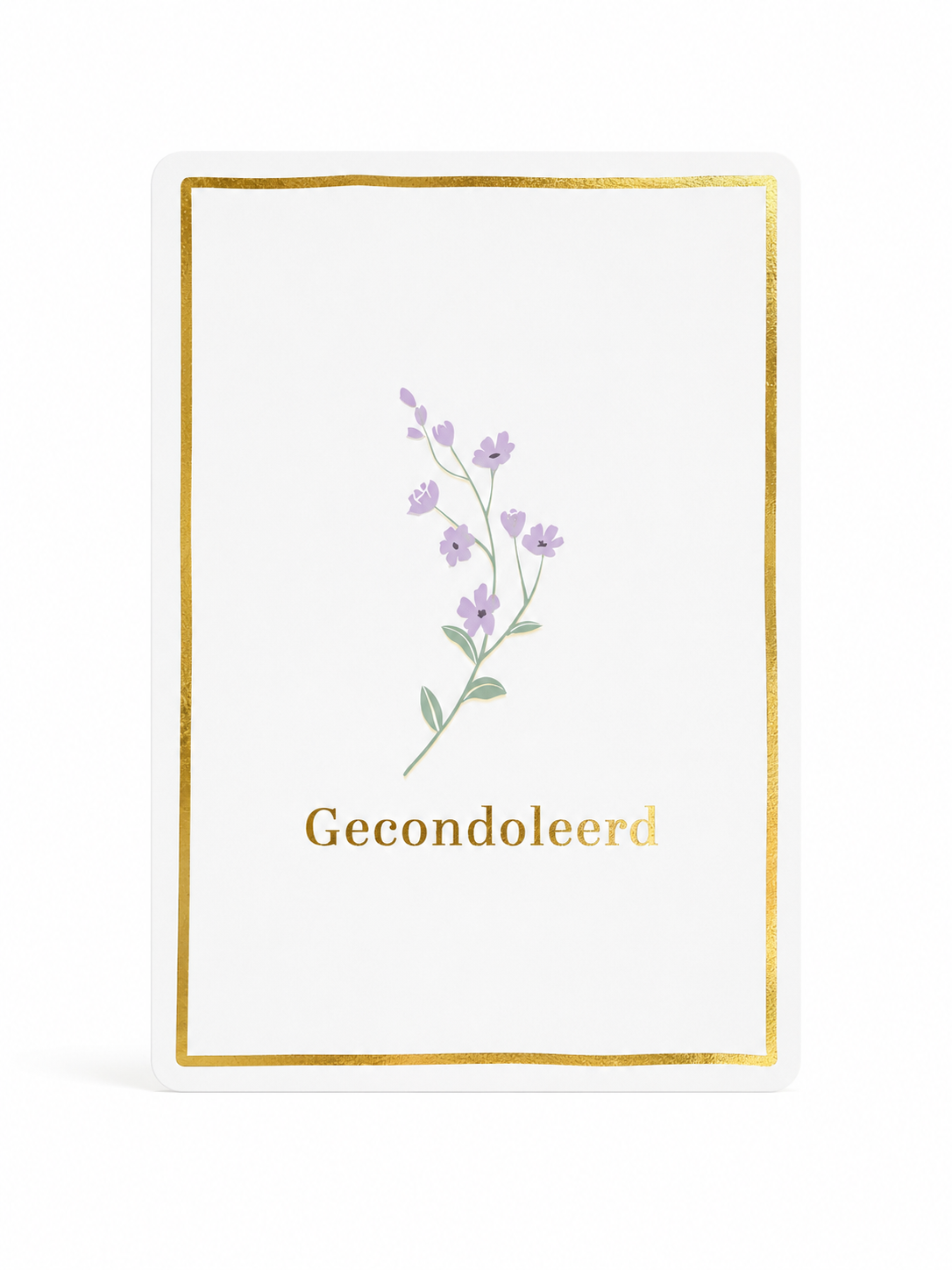 Wit condoleancekaartje met paarse bloemen, gouden rand en de tekst Gecondoleerd