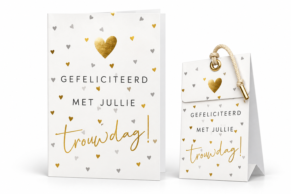 Geurende wenskaart ‘Gefeliciteerd met jullie trouwdag!’ met gouden en grijze hartjes en bijpassend geurig cadeautasje.
