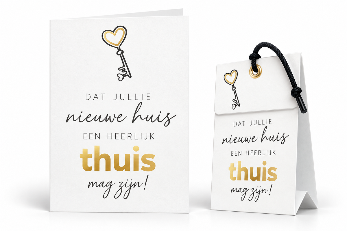 Geurende wenskaart ‘Dat jullie nieuwe huis een heerlijk thuis mag zijn!’ met gouden details, hartvormige sleutel en bijpassend geurig cadeautasje.