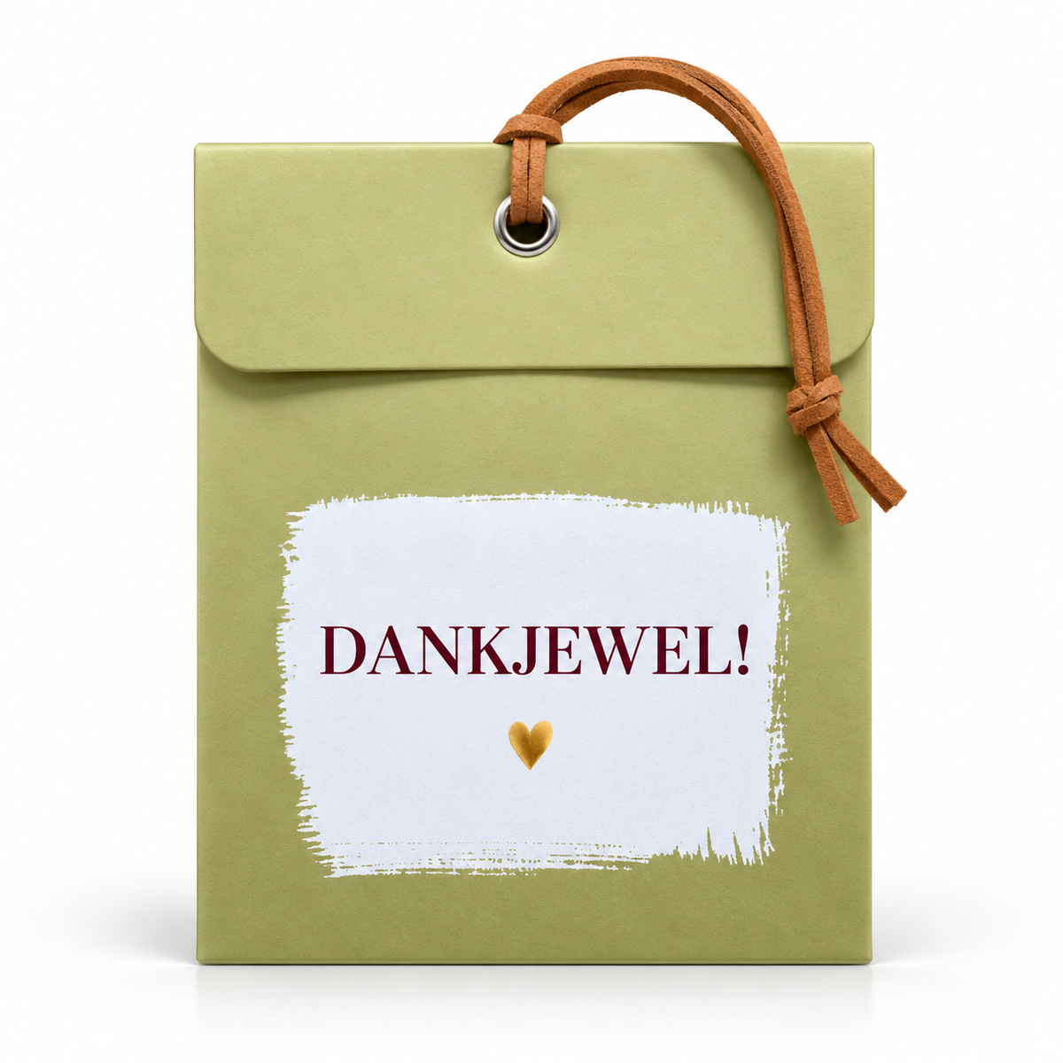 Goudgroen wensgeurzakje met de tekst ‘Dankjewel!’, een wit label met goudkleurig hartje en een bruin suède koord.