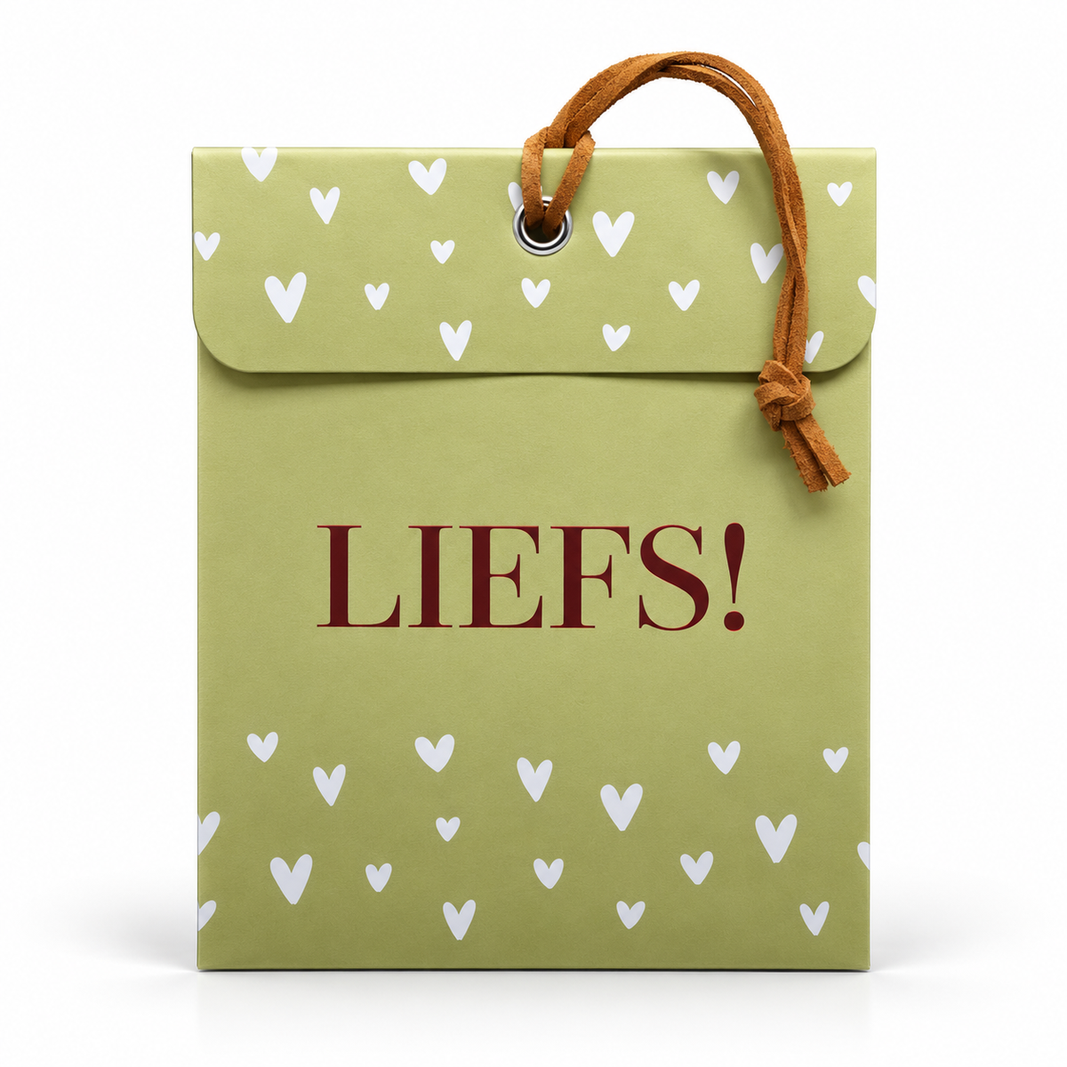 Goudgroen wensgeurzakje met de tekst ‘Liefs!’, witte hartjes en een bruin suède koord uit de Gold Edition.