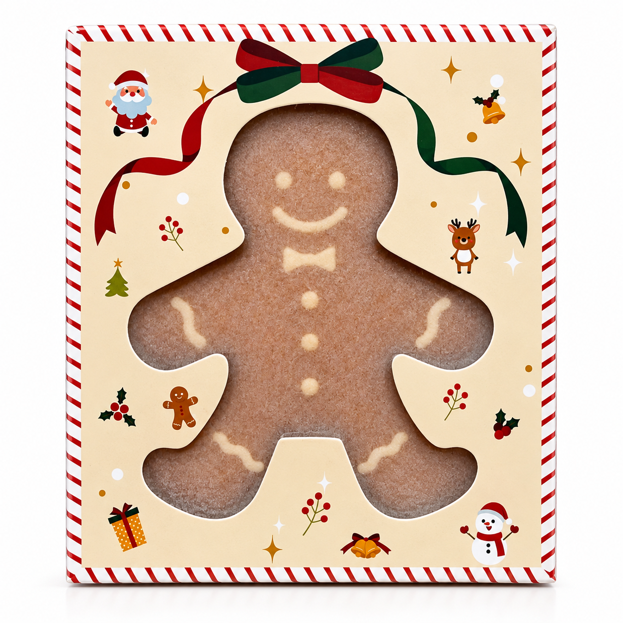Feestelijk Gingerbread Man kerstcadeautje in een kleurrijke kerstverpakking op een witte achtergrond