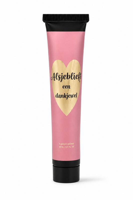 Roze handcrème met de tekst “Alsjeblieft een dankjewel” op een witte achtergrond – luxe bedankcadeau van The Prezzent.