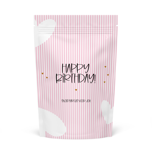 Happy Birthday roze zakje gevuld met hartjessnoepjes