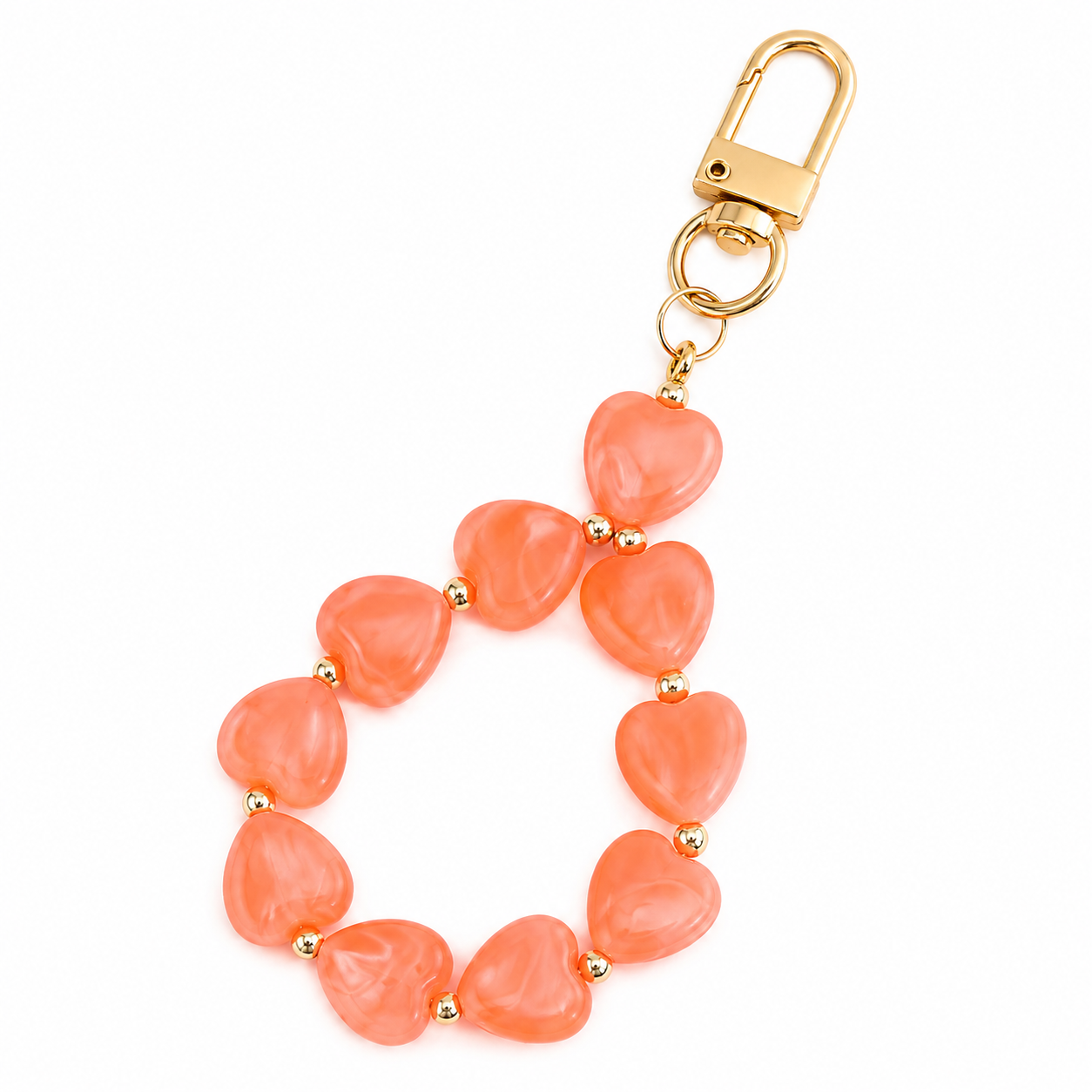 Coral peach hartjes sleutelhanger met gouden clip