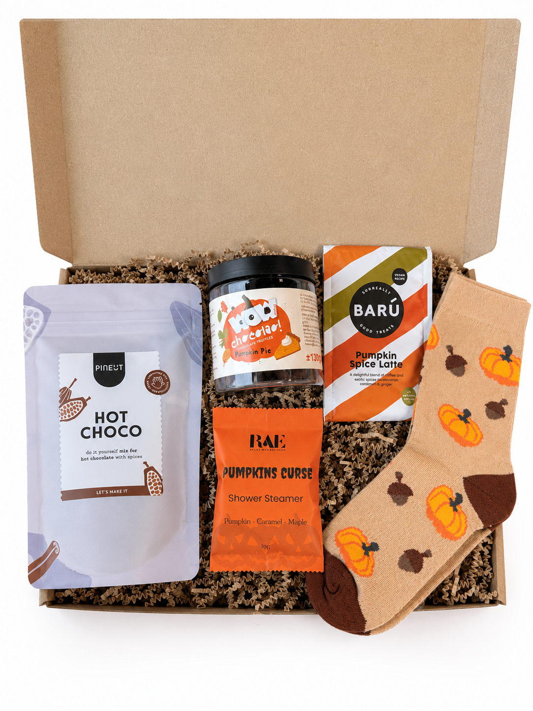 Herfst cadeaubox met Pumpkin Spice Latte, hot choco, Pumpkin Pie chocoladetruffels, shower steamer en herfstige sokken