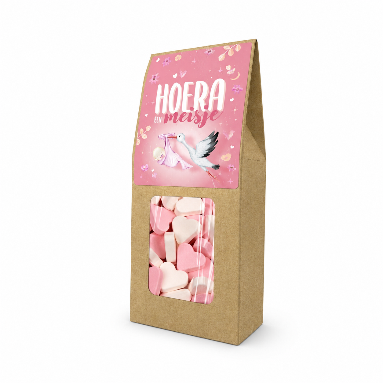 Hoera een meisje hartjes snoepjes roze wit geboorte traktatie