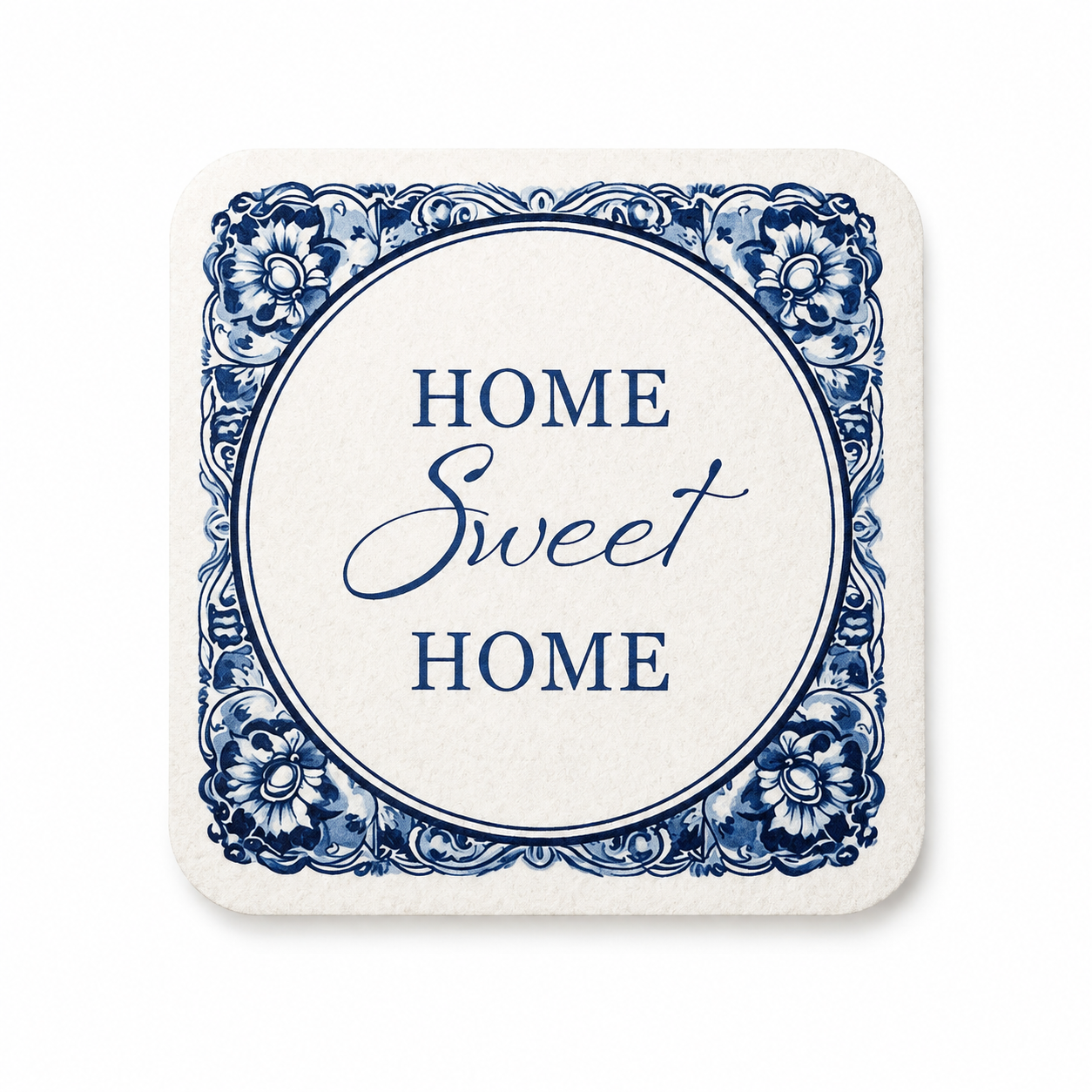 Home Sweet Home onderzetter met blauw-wit bloemenmotief als cadeau voor een nieuw huis