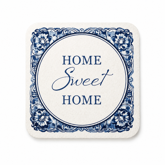 Home Sweet Home onderzetter met blauw-wit bloemenmotief als cadeau voor een nieuw huis