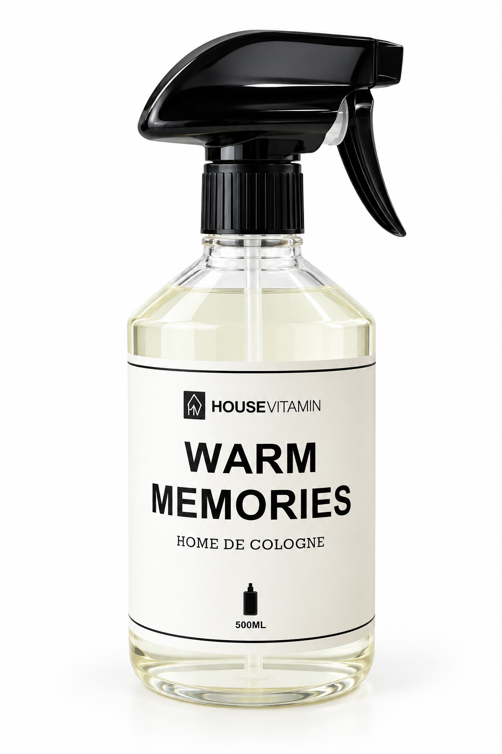 Housevitamin Warm Memories Home de Cologne 500 ml in transparante sprayfles met zwart spraypistool en wit etiket 