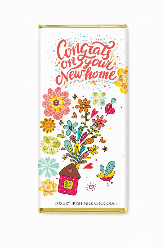 Ierse melkchocolade met de tekst ‘Congrats on Your New Home’, luxe chocoladereep als origineel nieuw huis en housewarming cadeau.